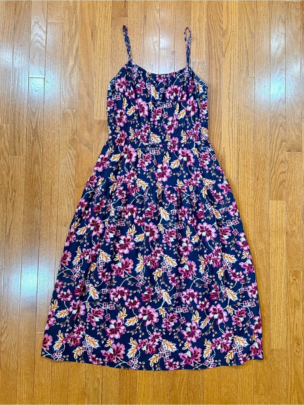 Old Navy Women’s Medium Floral Smocked Midi Dress Linen Pockets Cami Square Neck